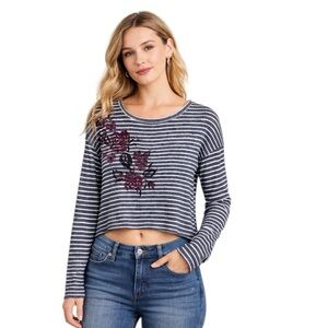 ALTAR’D STATE Gray/White Stripe Floral‎ Cross Stitch Long Sleeve Crop Top Size M
